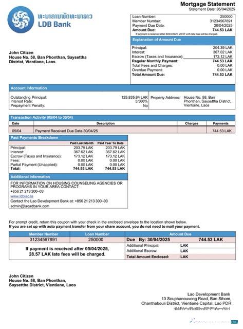 Download Laos Lao Development Bank mortgage statement Word and PDF template Photoshop template